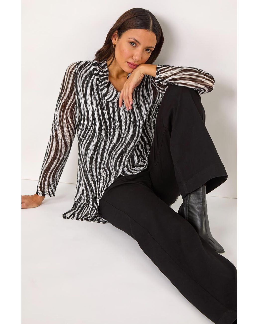Roman Black Wavy Linear Print Cowl Neck Tunic