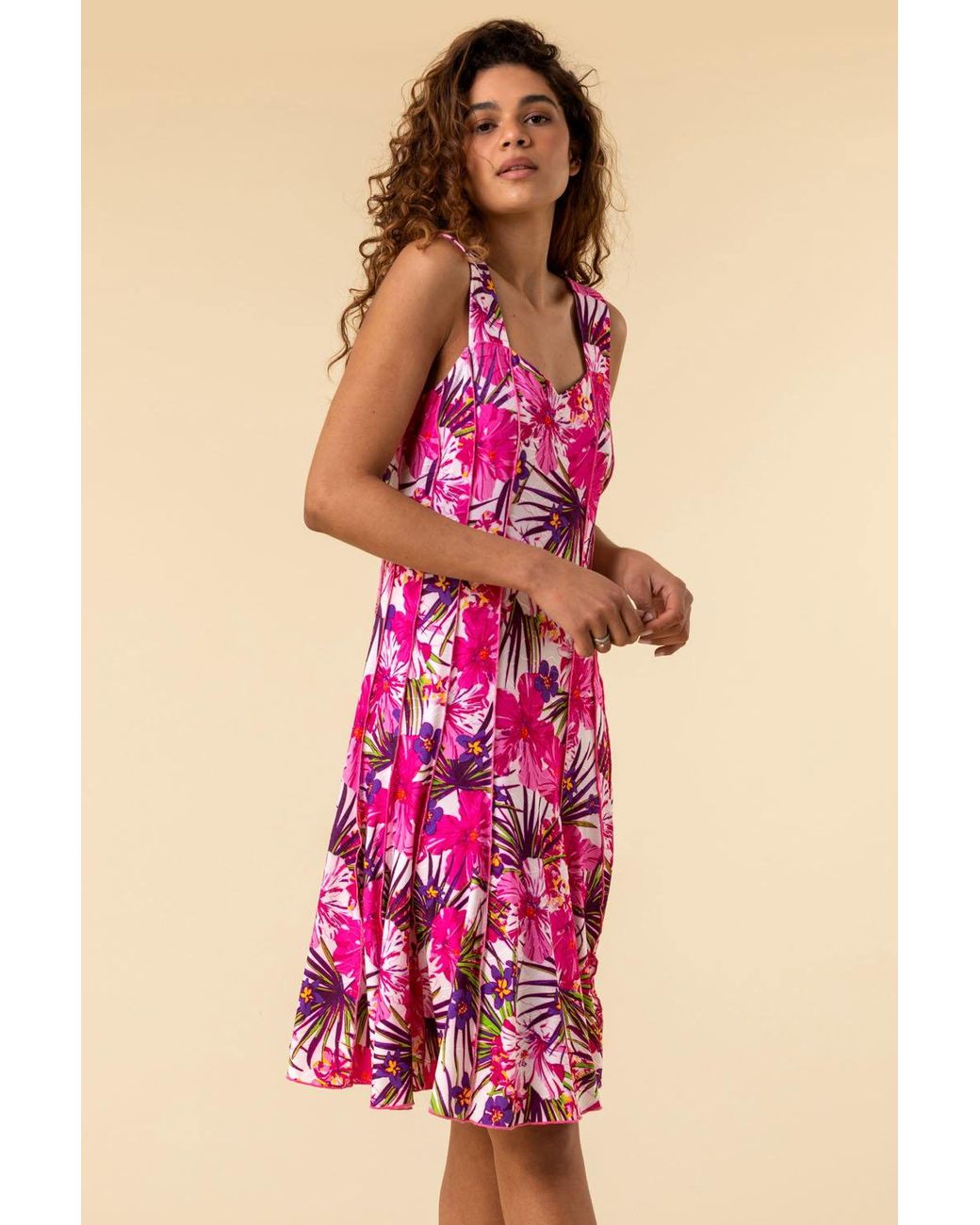 Roman Pink Tropical Floral Panel Stretch Skater Dress