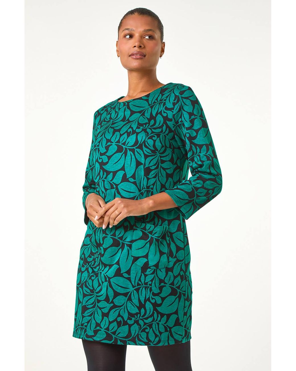 Roman Green Leaf Print Pocket Detail Shift Dress