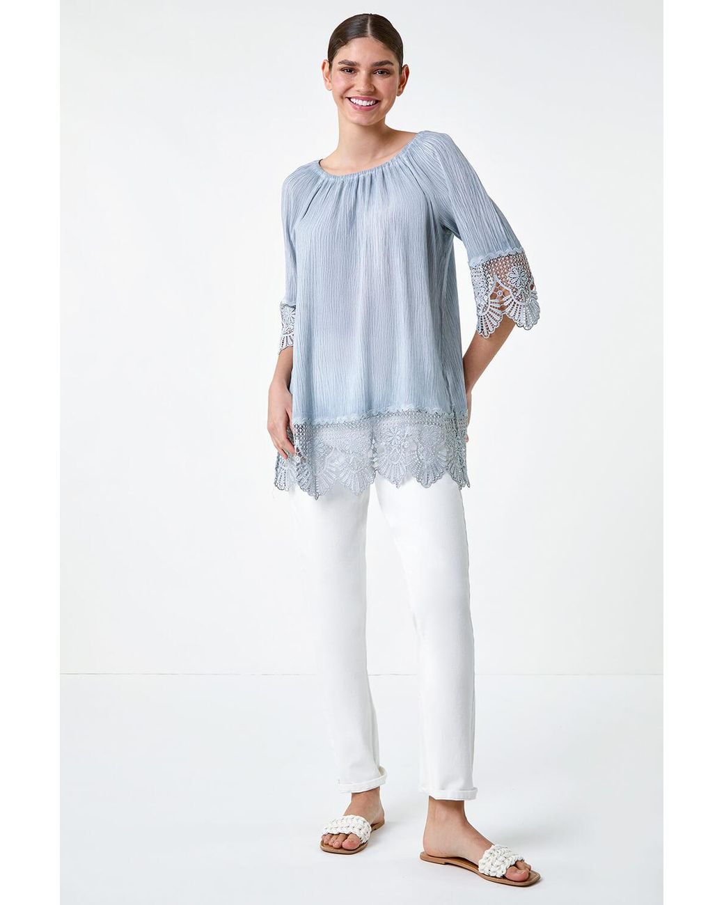 Roman Blue Lace Trim Textured Bardot Tunic Top