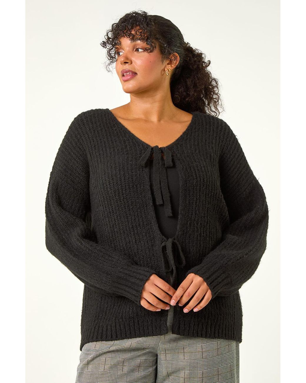 Roman Curve Black Bow Detail Knit Cardigan