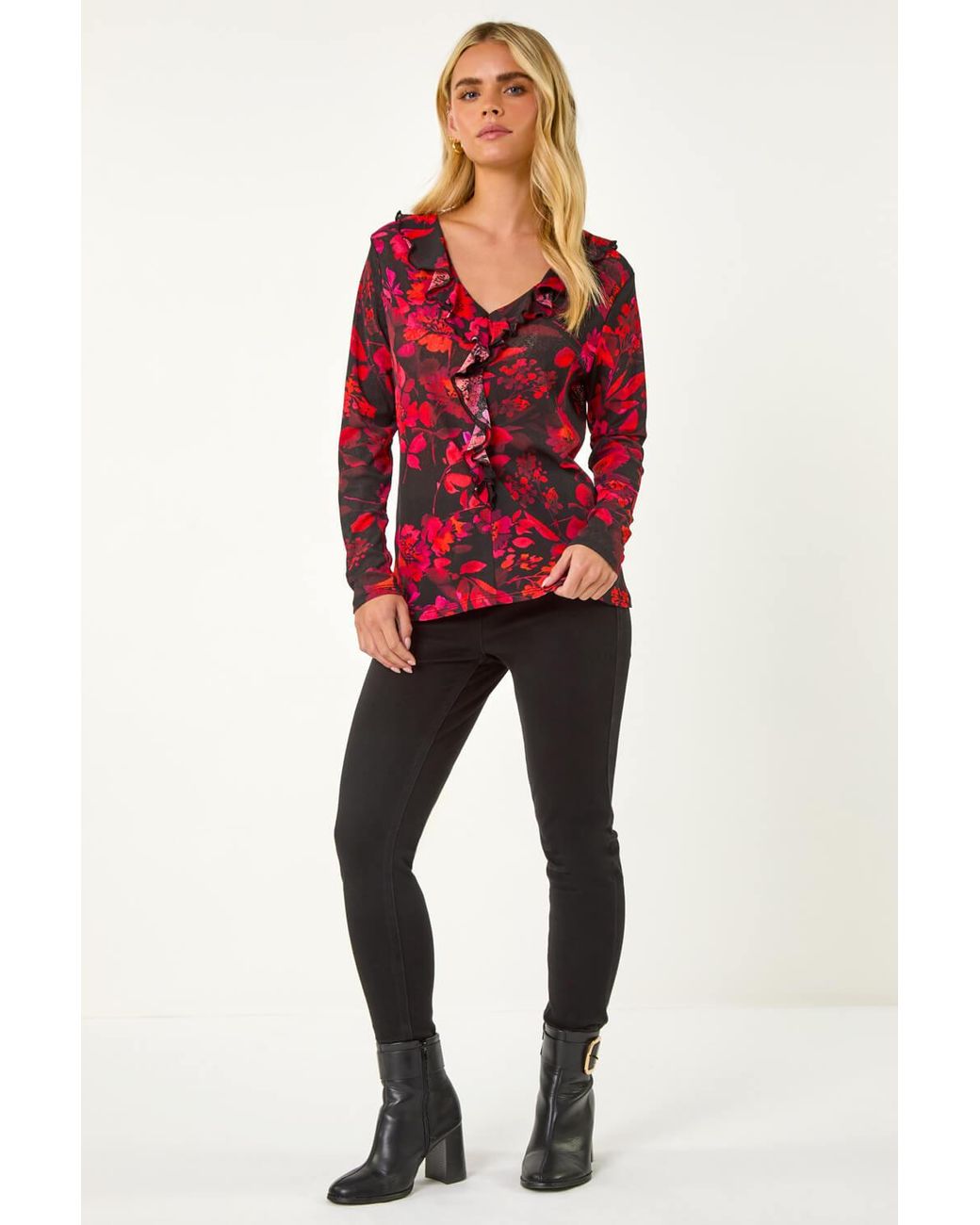 Roman Petite Red Floral Print V-Neck Frill Front Top
