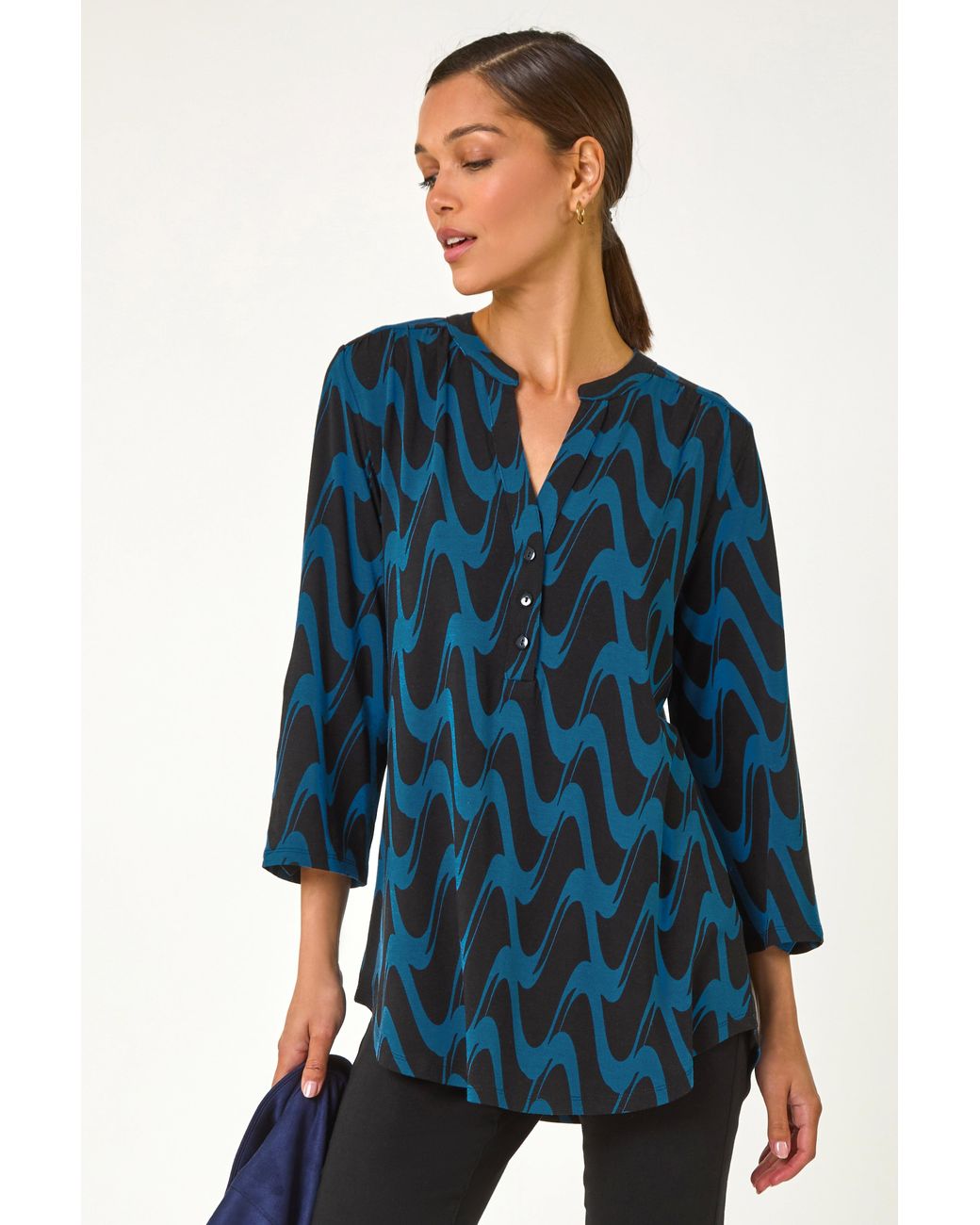Roman Blue Geometric Print Stretch Blouse