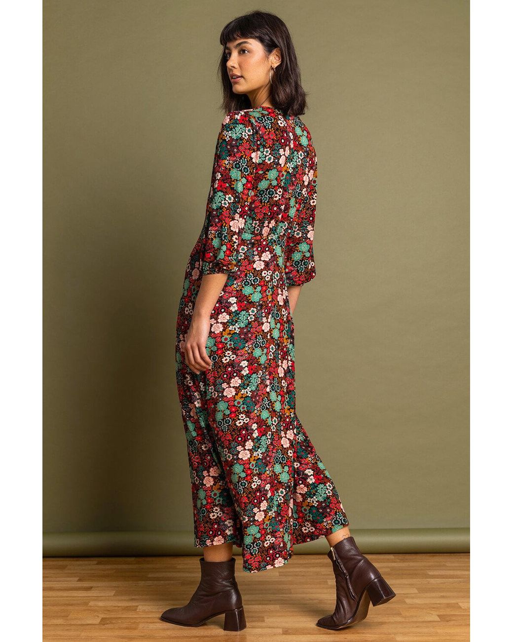 Roman Multicolor Floral Print Tie Front Midi Dress