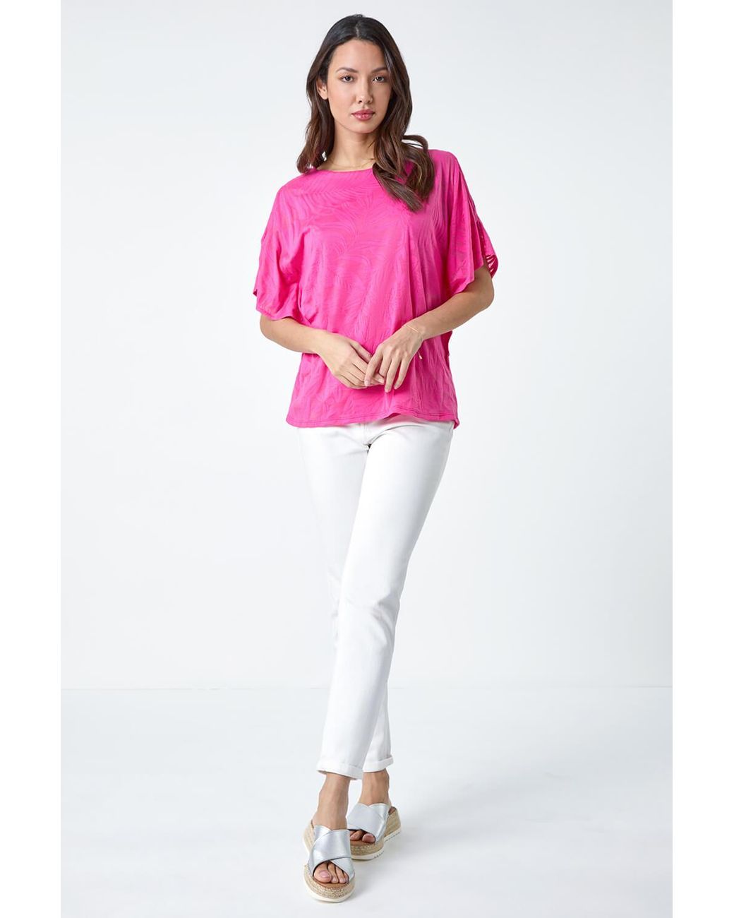 Roman Pink Burnout Tropical Leaf Overlay Top