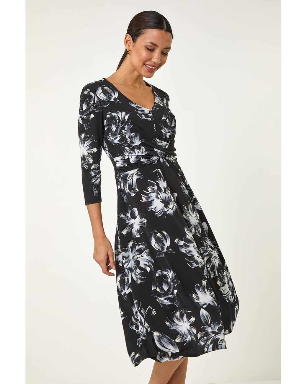 Roman Black Floral Print Wrap Front Stretch Dress