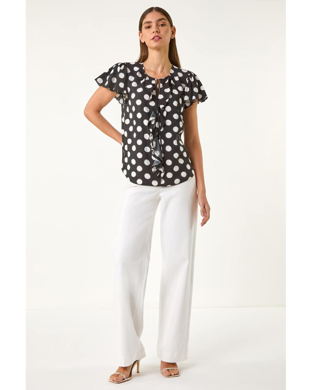 Roman Black Spot Print Ruffle Tie Front Top