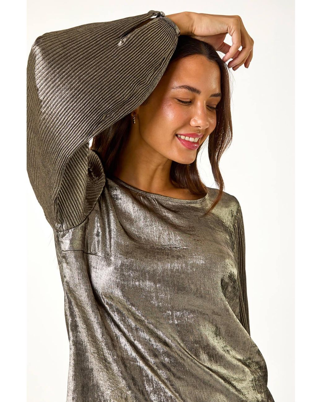 Roman Metallic Pleated Sleeve Top
