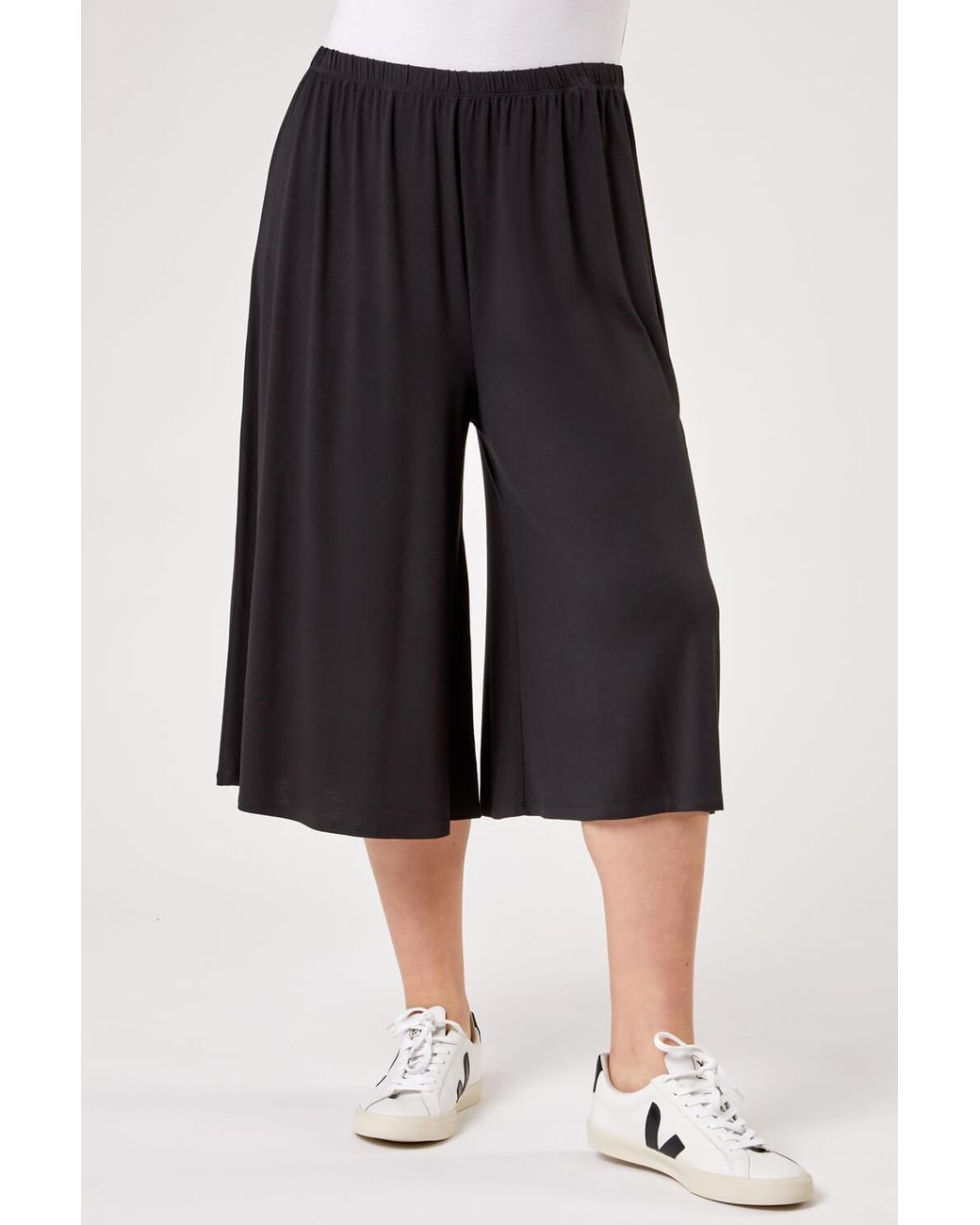 Roman Curve Black Plain Elastic Waist Culotte Trousers