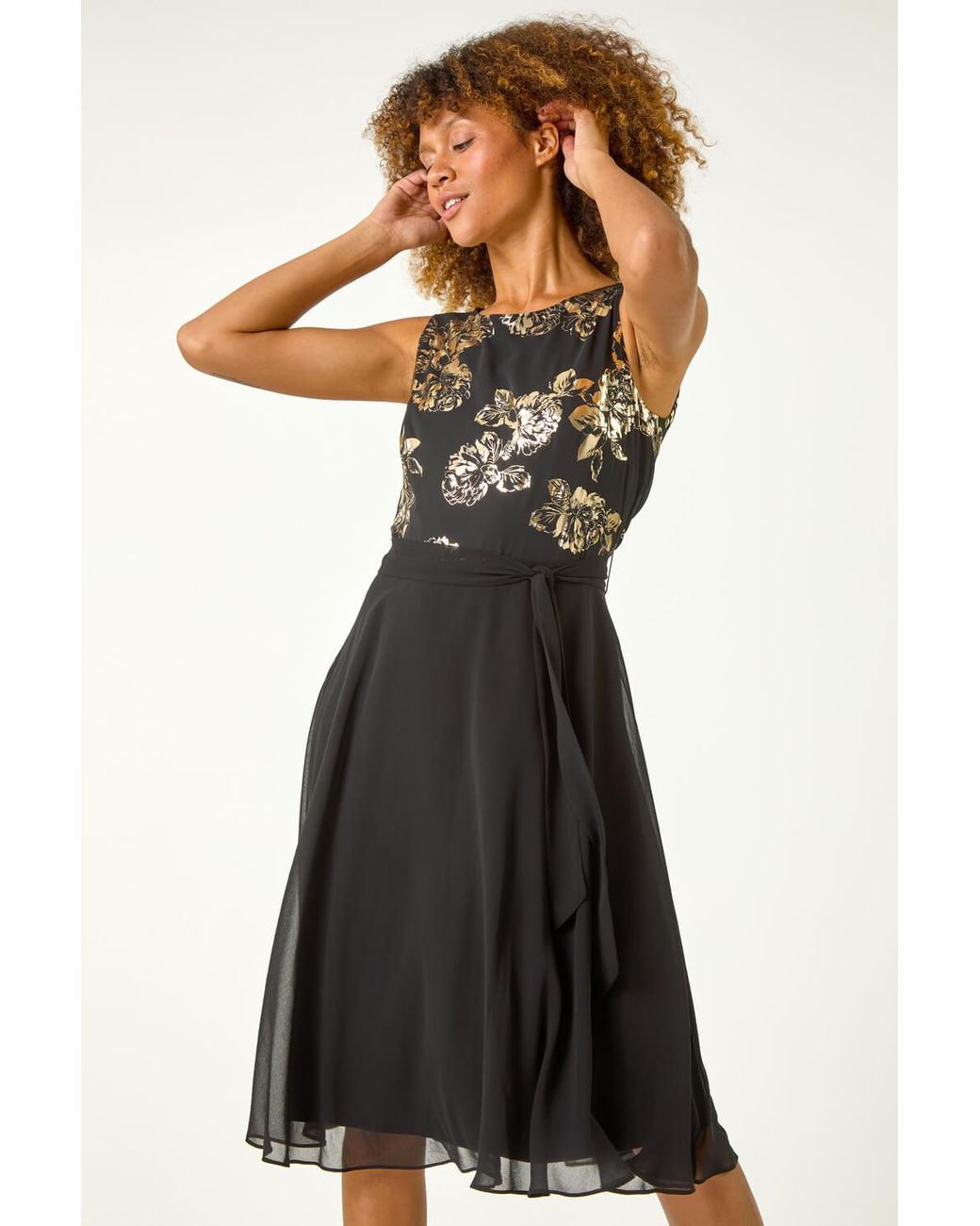 Roman Black Foil Floral Print Fit & Flare Dress