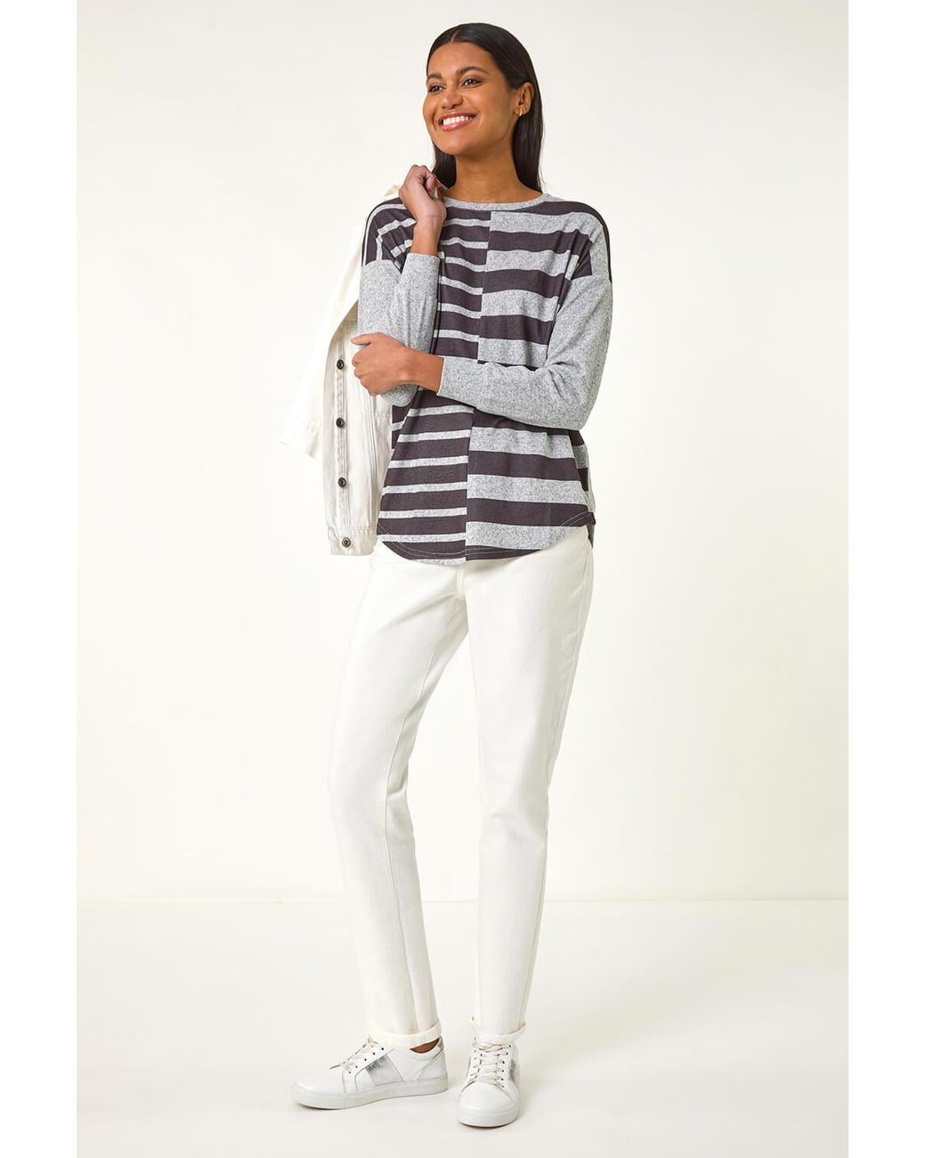 Roman Gray Contrast Stripe Ribbed Snit Top