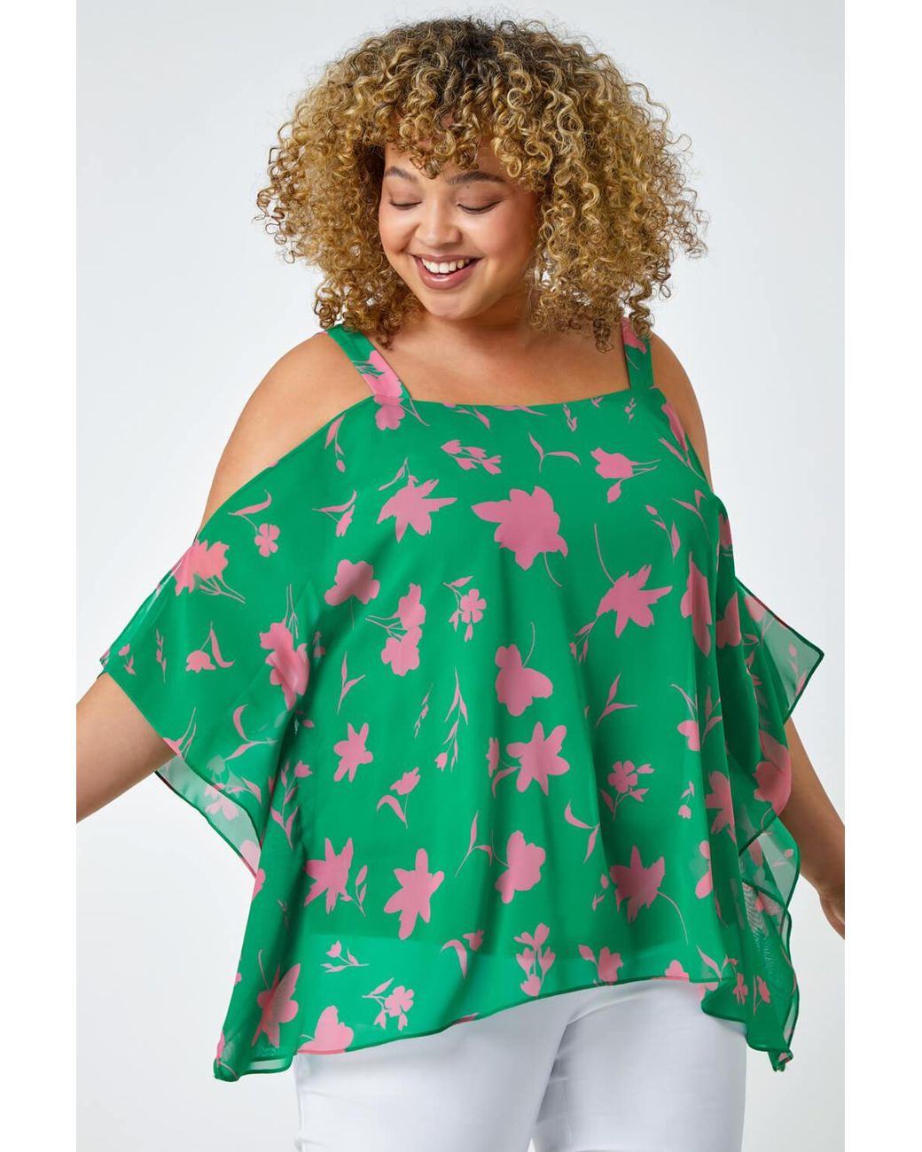 Roman Curve Green Floral Cold Shoulder Chiffon Top