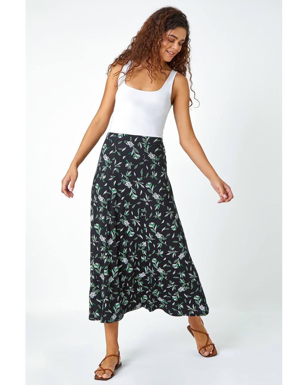 Roman Green Floral Leaf Jersey A Line Midi Skirt