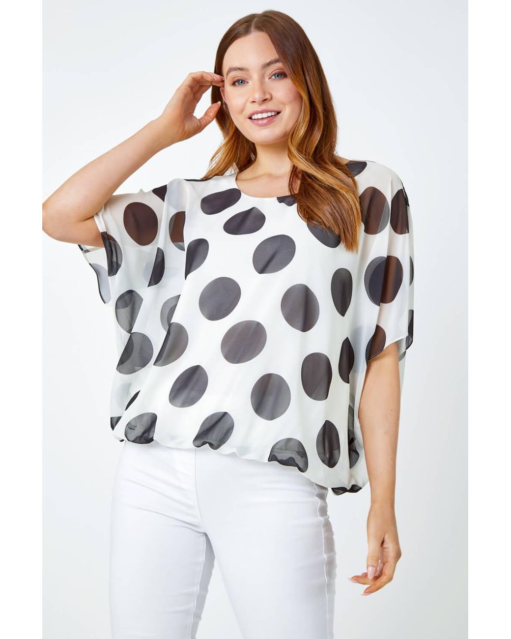 Roman White Polka Dot Bubblehem Chiffon Overlay Top