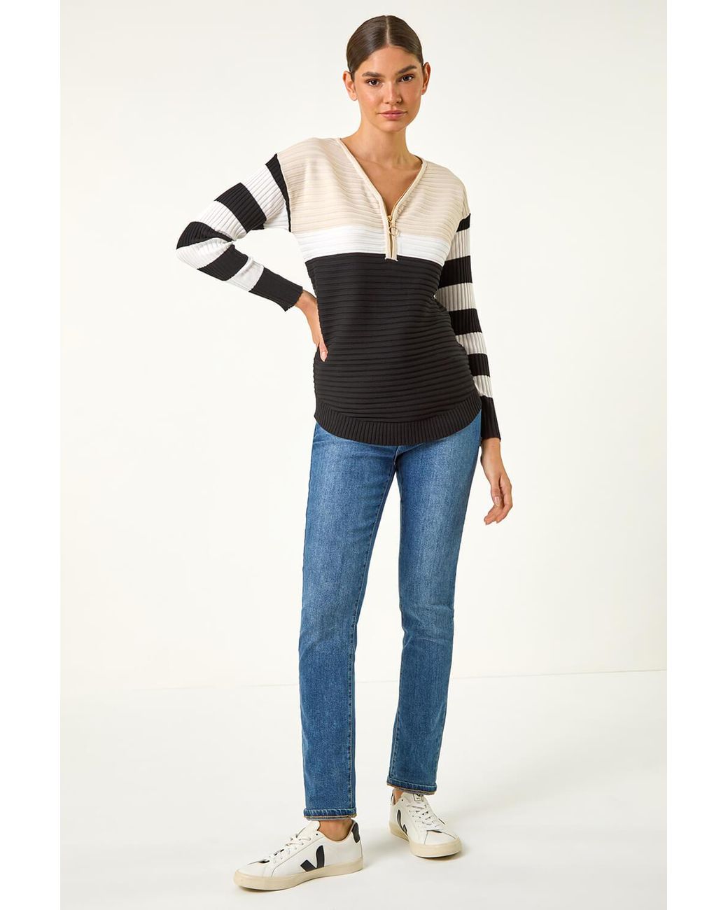 Roman Black Colour Block Zip Knit Jumper