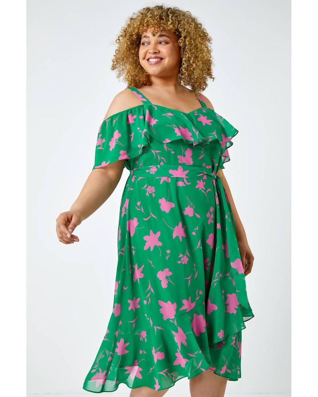 Roman Curve Green Floral Cold Shoulder Chiffon Frill Dress