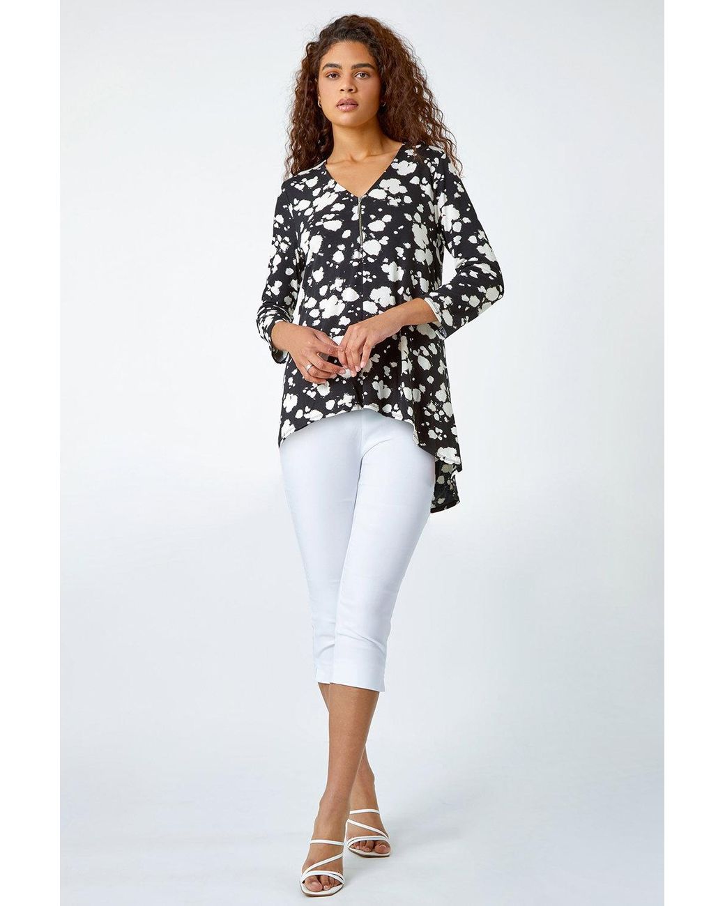 Roman Black Abstract Print Zip Detail V-Neck Stretch Top