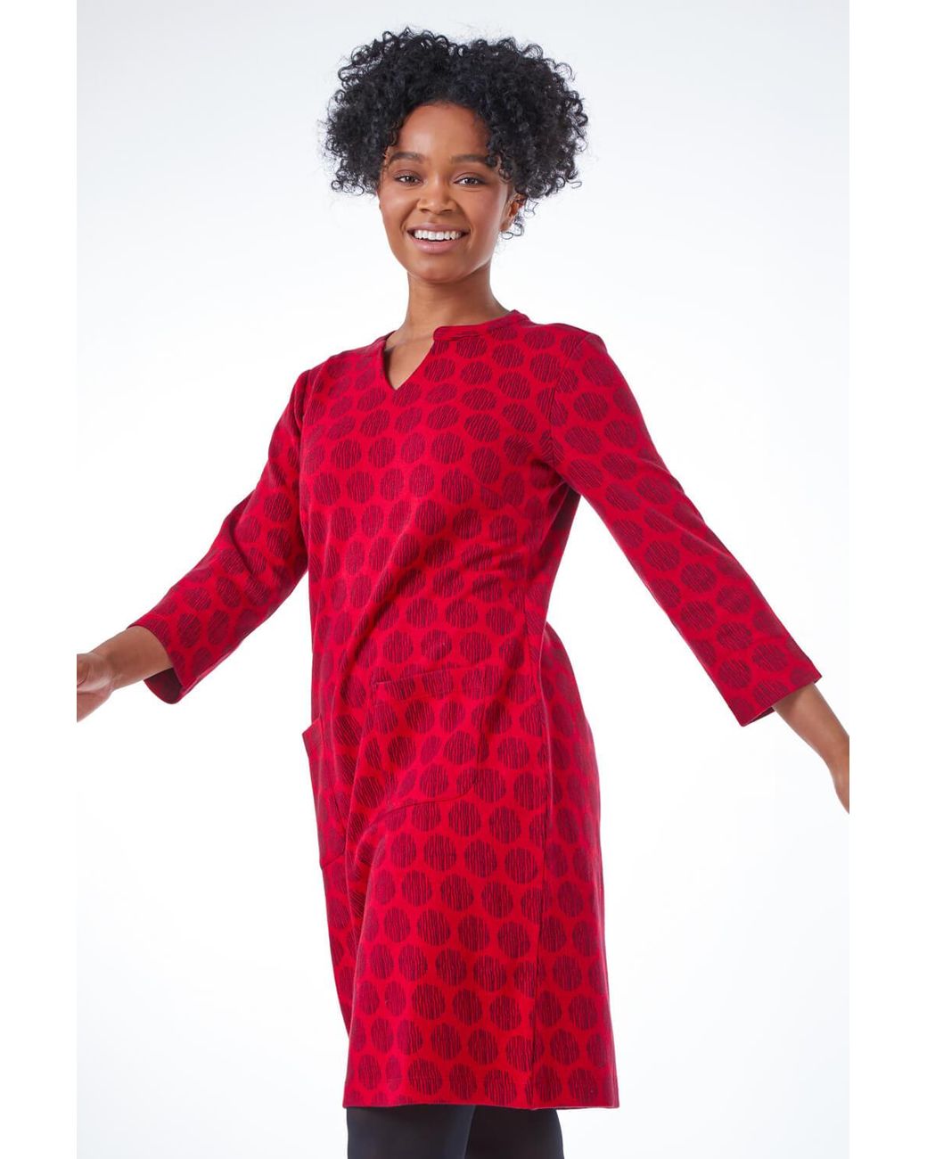 Roman Petite Red Notch Neck Jacquard Dress