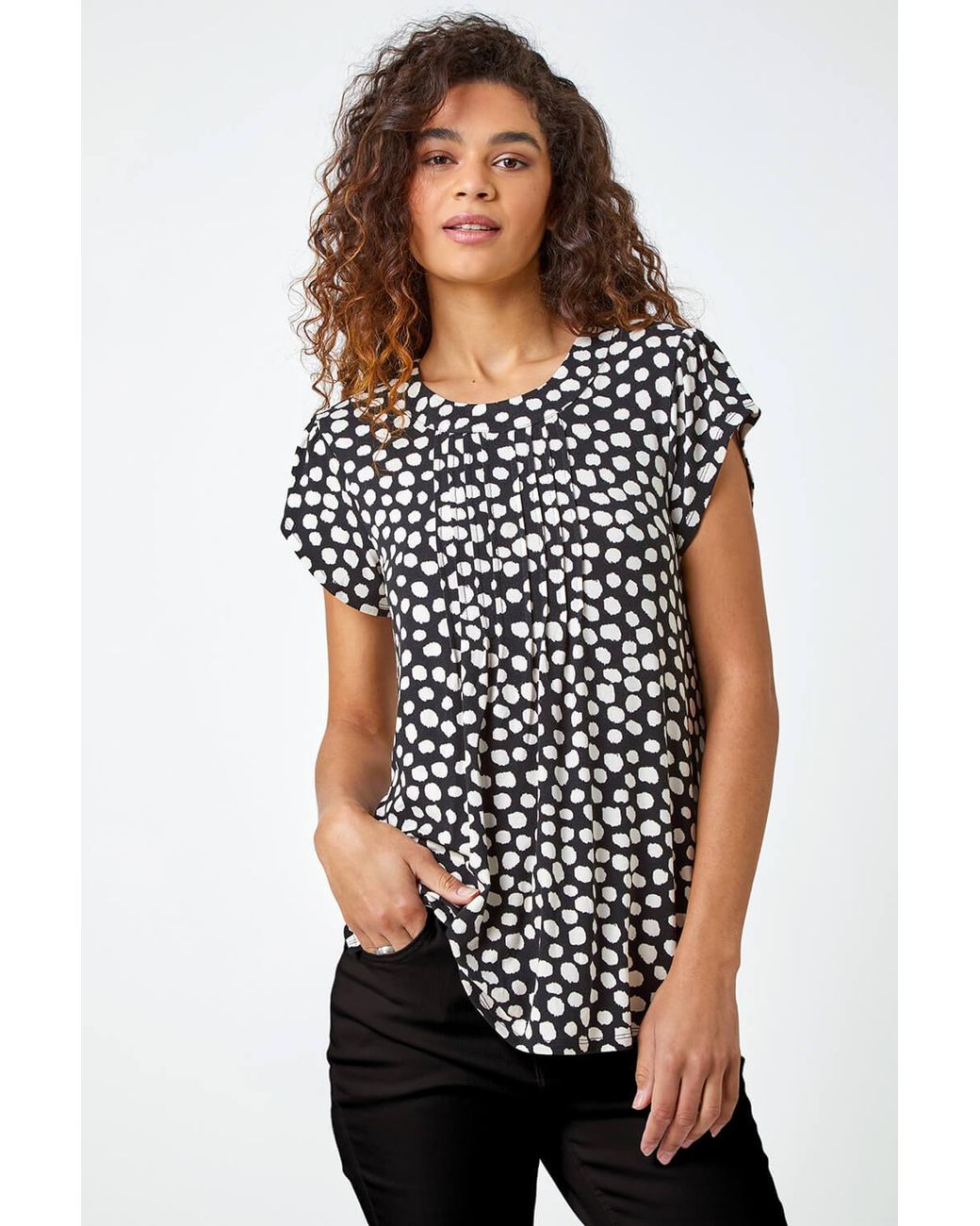 Roman Black Spot Print Pleat Detail Blouse