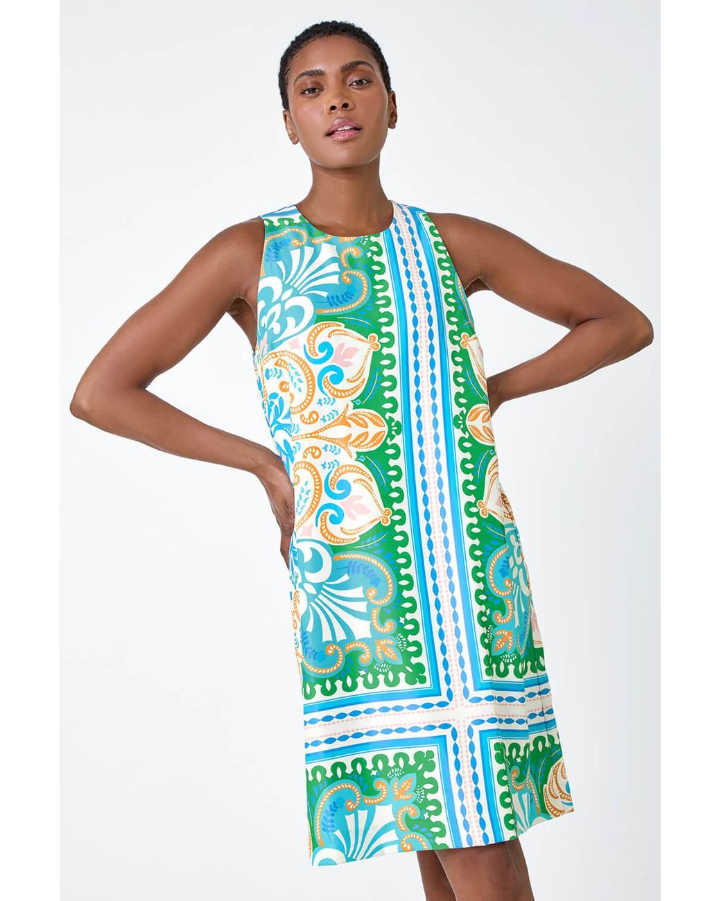 Roman Green Scarf Print Satin Feel Shift Dress