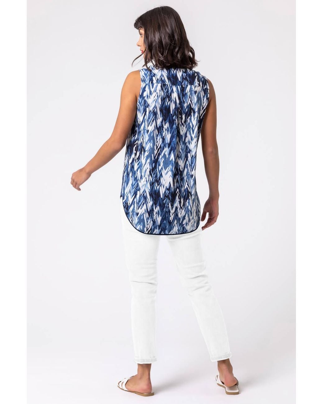 Roman Blue Abstract Print Notch Neck Sleeveless Top
