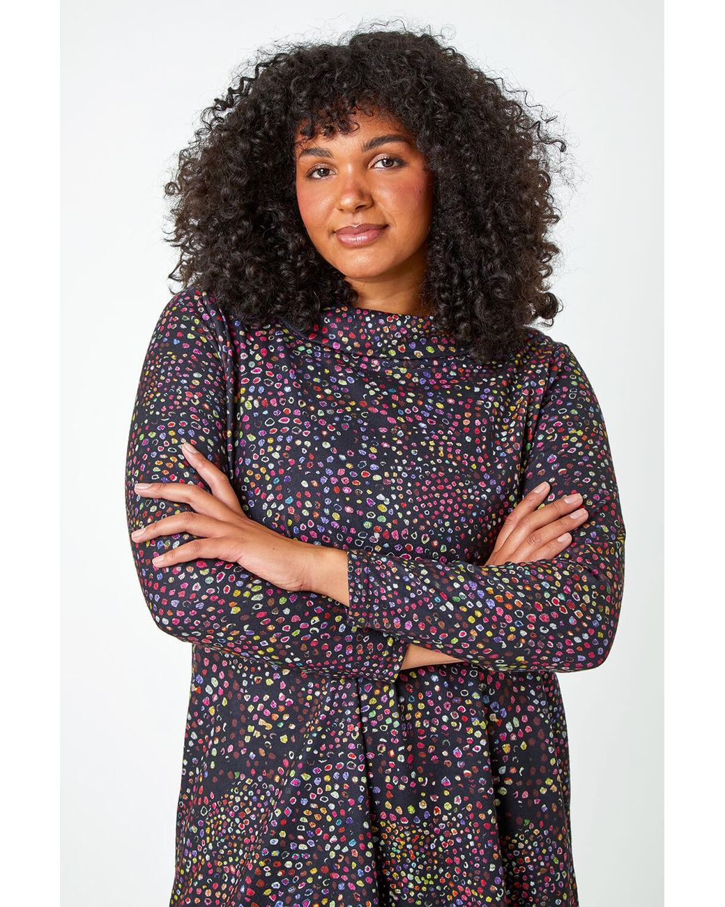 Roman Curve Purple Roll Neck Ditsy Stretch Tunic Top
