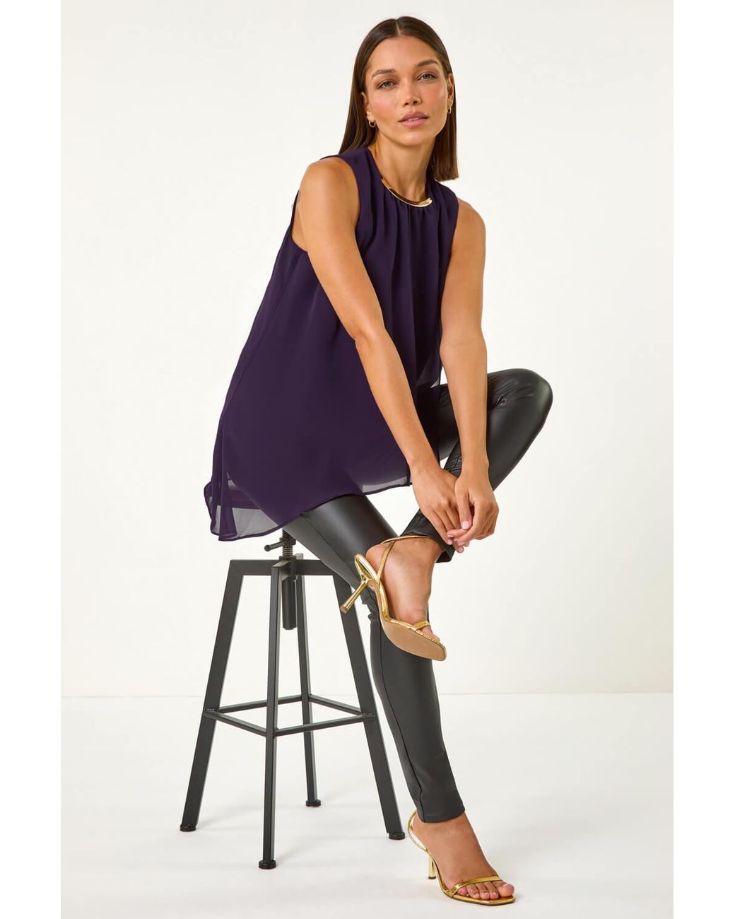 Roman Purple Neck Trim Asymmetric Woven Top