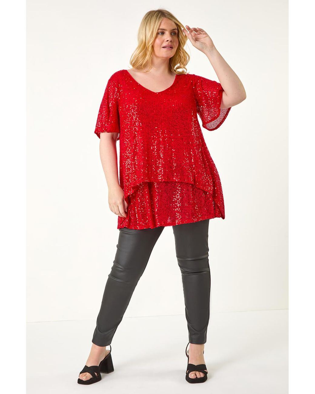Roman Curve Red Sequin Overlay Flute Sleeve Top