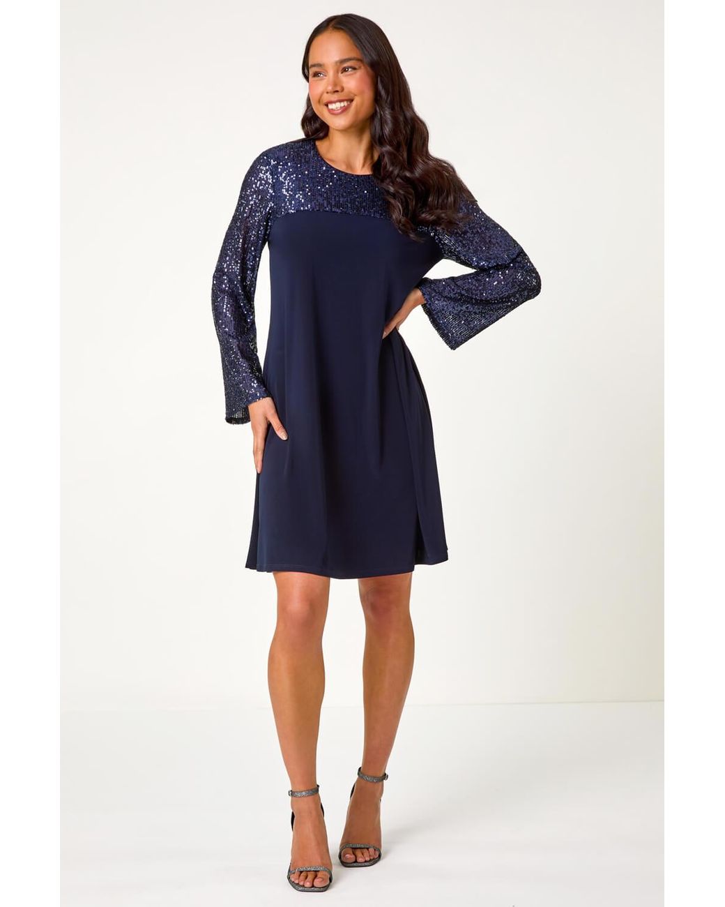 Roman Petite Blue Contrast Sequin Shift Stretch Dress