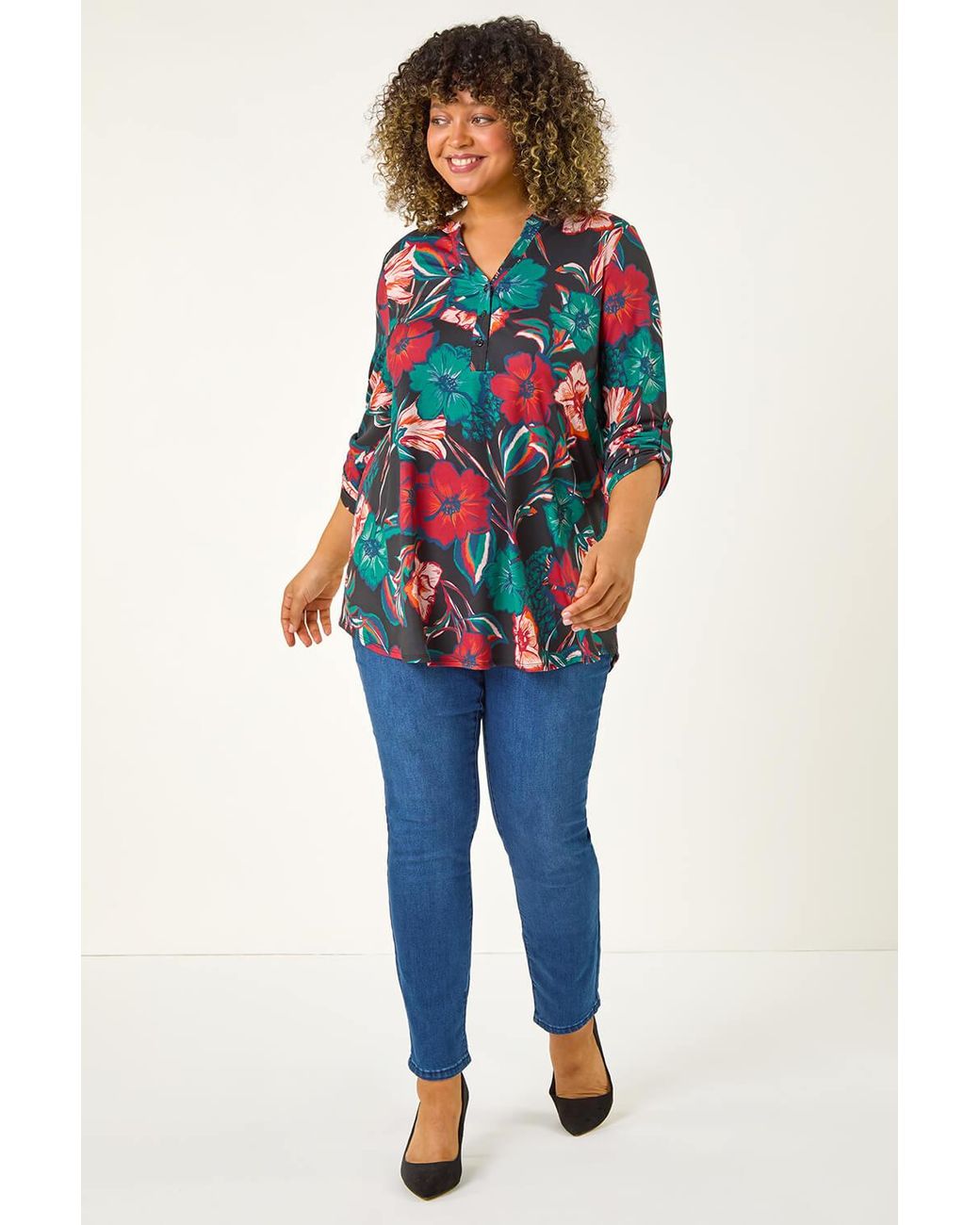 Roman Curve Red Stretch Jersey Floral Top