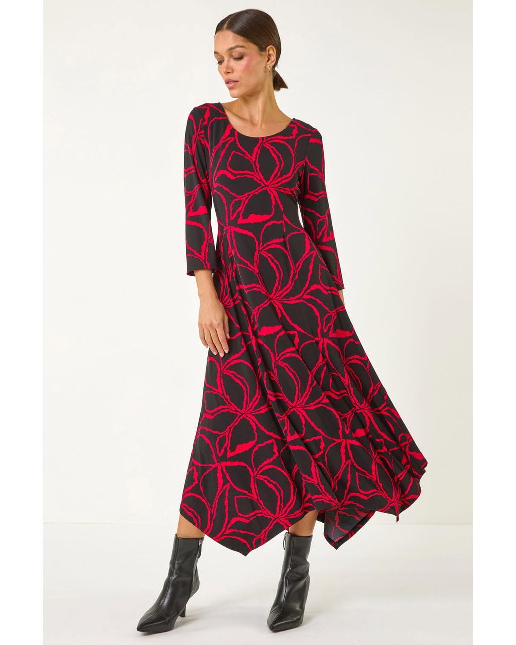 Roman Red Leaf Print Hanky Hem Stretch Midi Dress