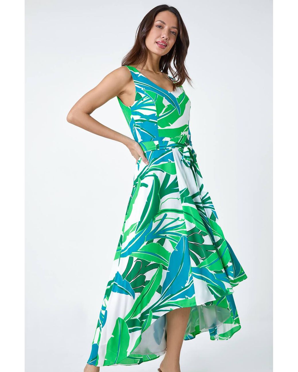 Roman Green Sleeveless Palm Print High Low Maxi Dress
