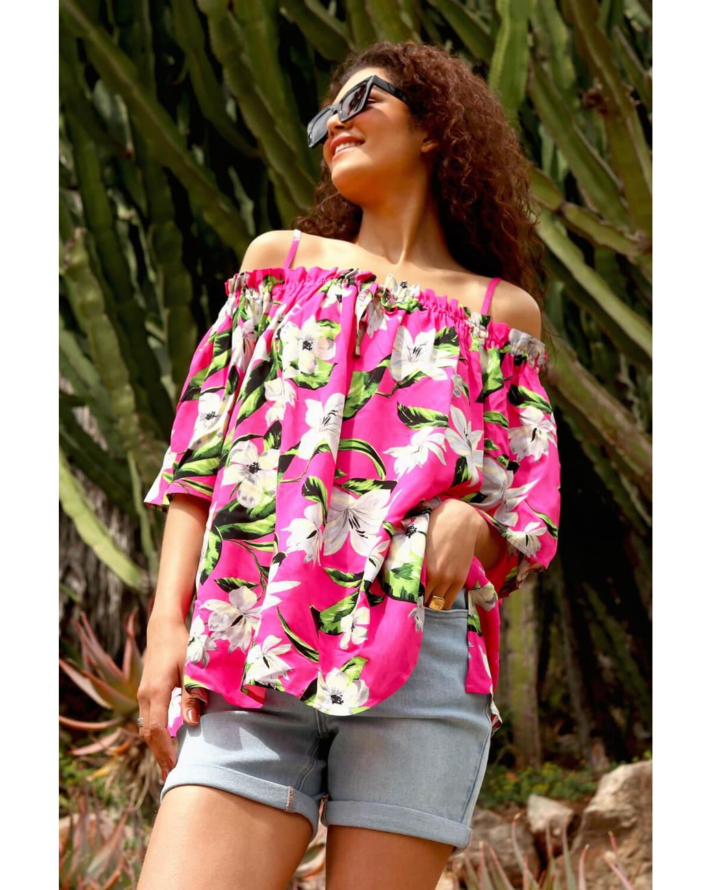 Roman Pink Tropical Cold Shoulder Bardot Top