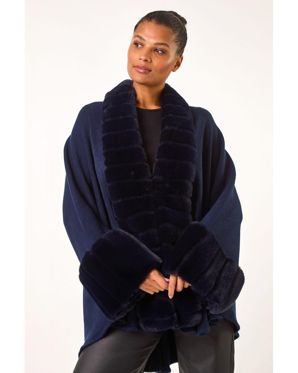 Roman Blue Faux Fur Trim Knitted Poncho