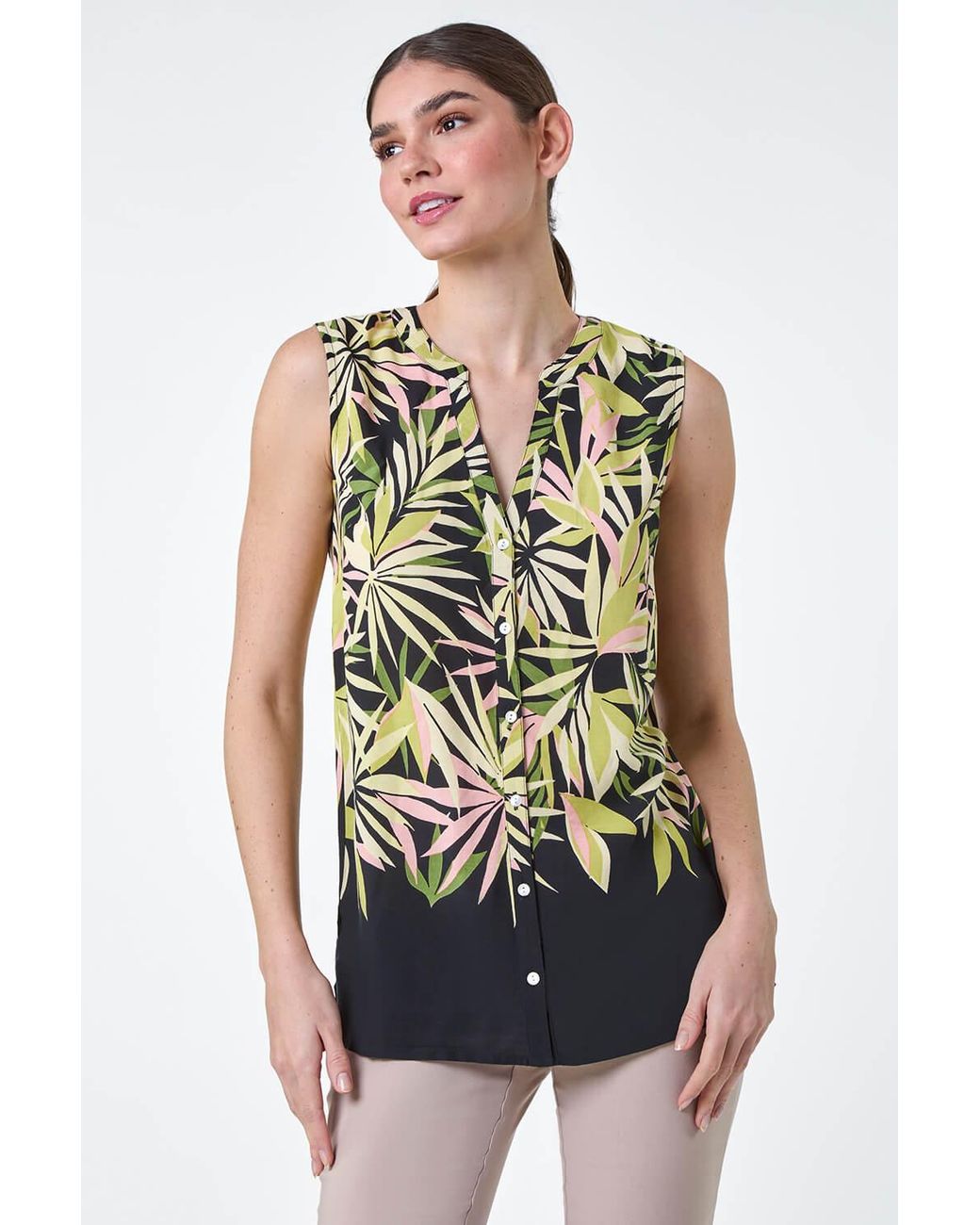 Roman Green Sleeveless Leaf Print Blouse