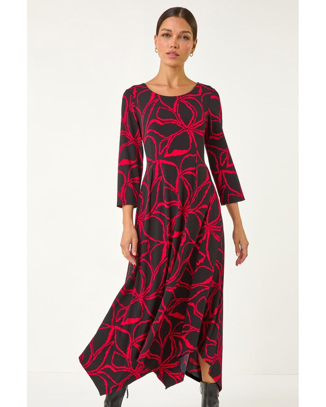 Roman Red Leaf Print Hanky Hem Stretch Midi Dress