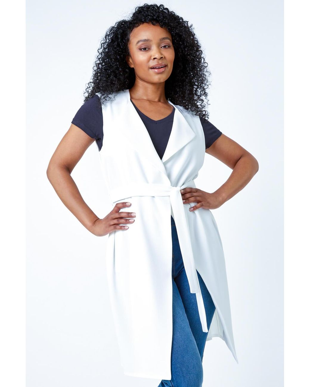 Roman Petite White Sleeveless Longline Jacket