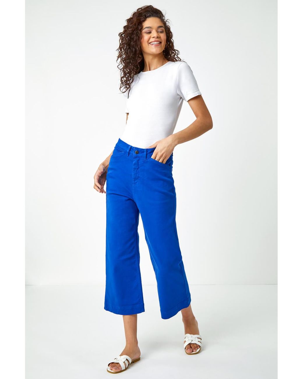 Roman Blue Wide Leg Stretch Cropped Denim Culottes