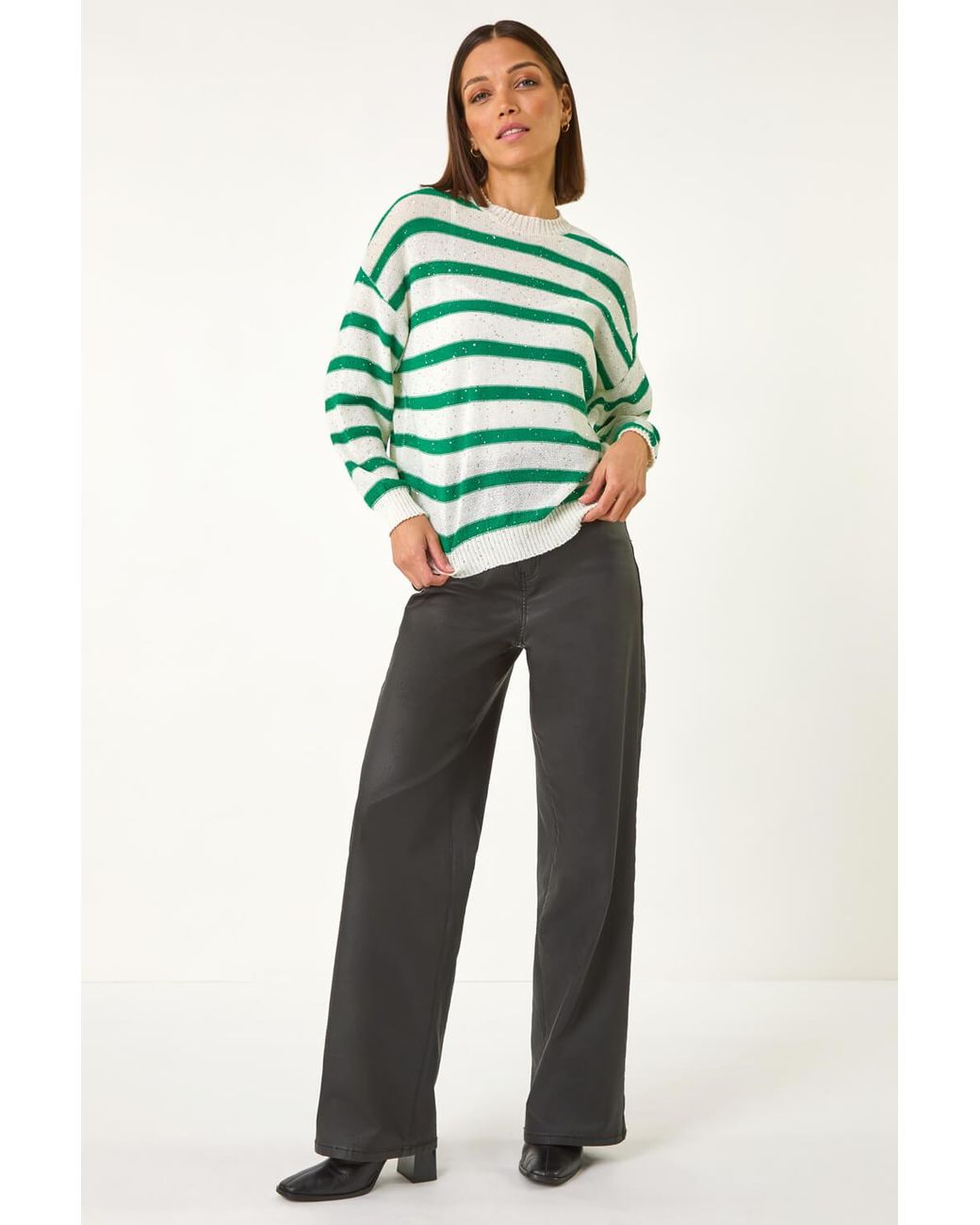 Roman Green Striped Sequin Knit Jumper