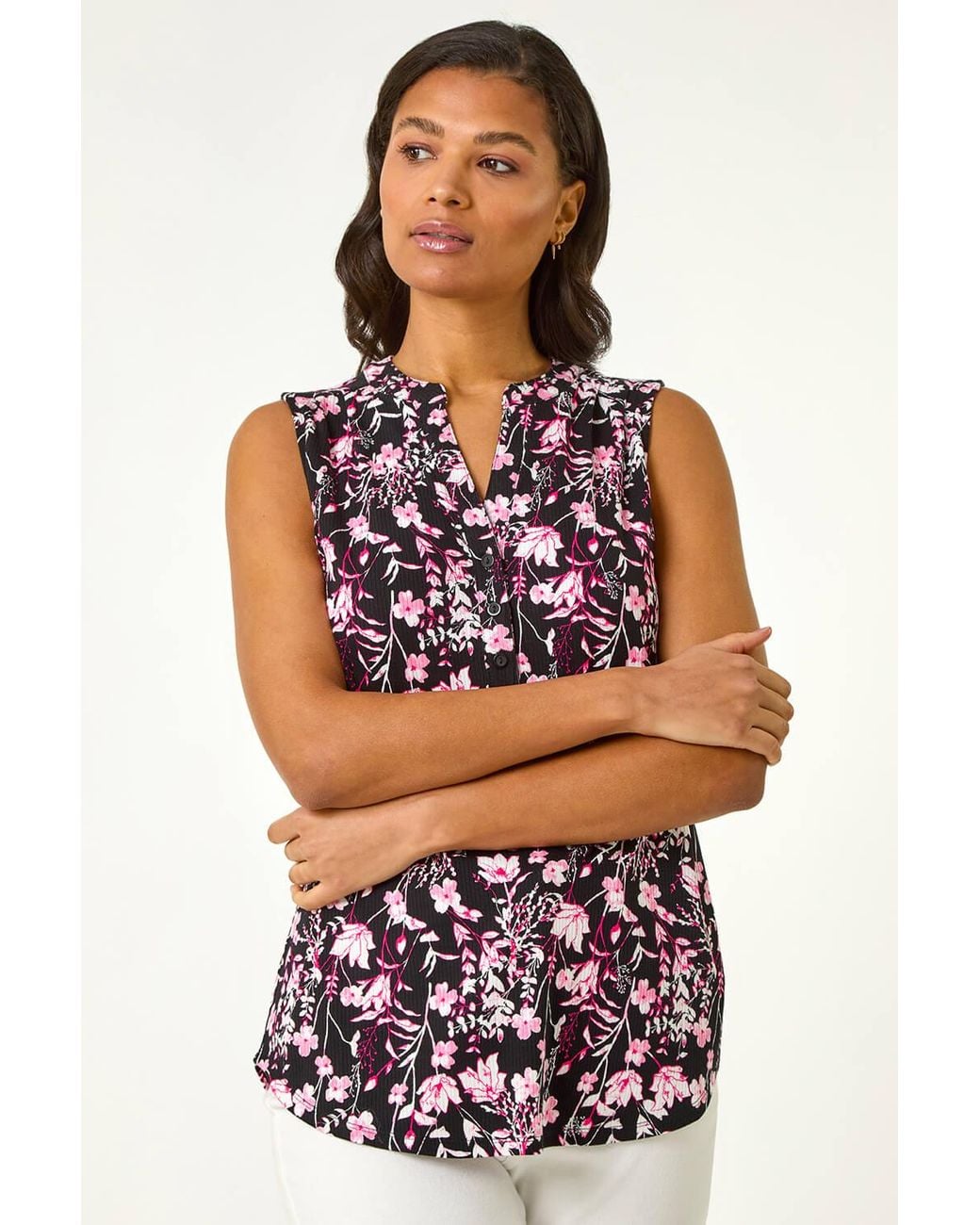 Roman Pink Textured Floral Print Stretch Vest Top