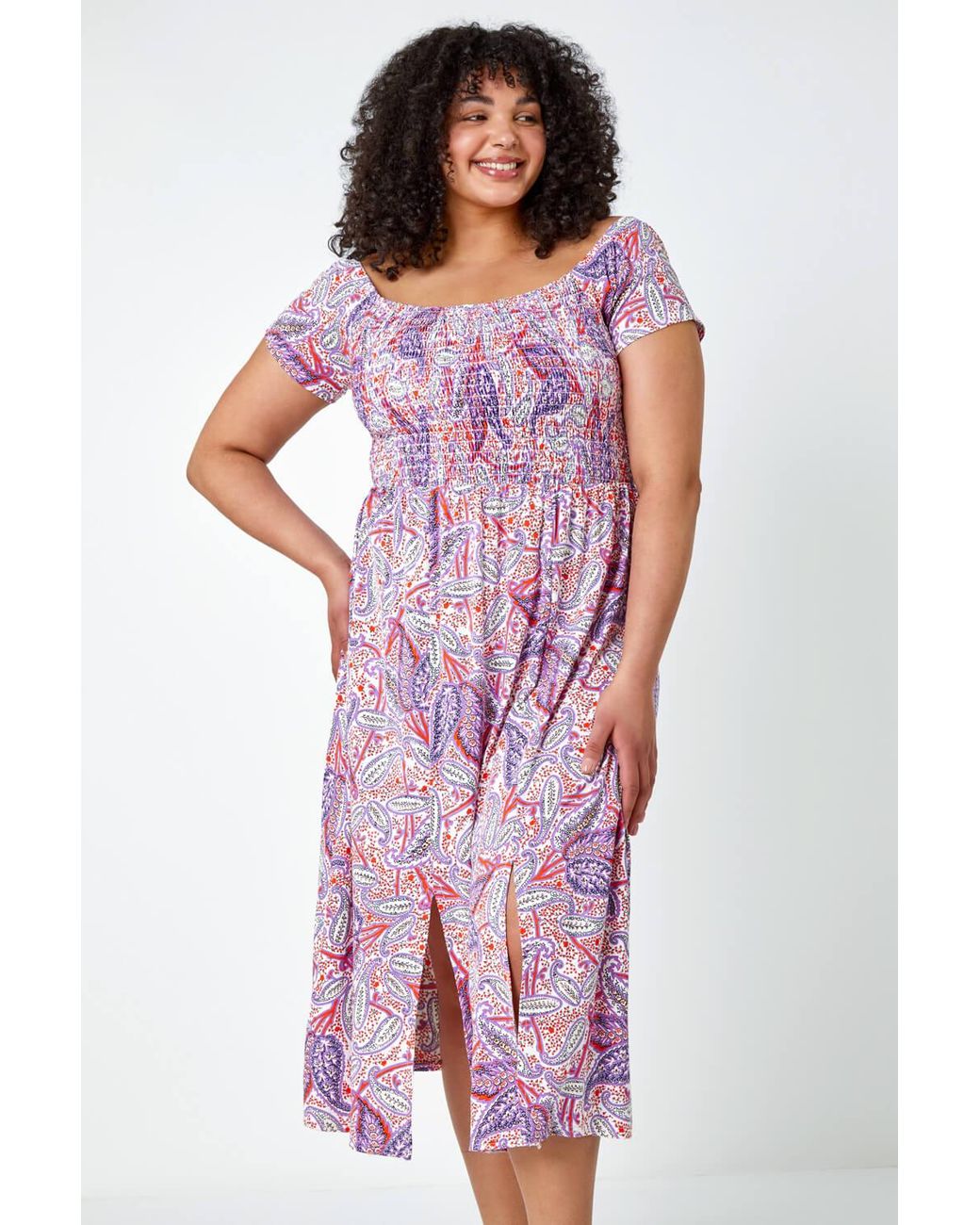 Roman Curve Pink Paisley Print Shirred Stretch Midi Dress