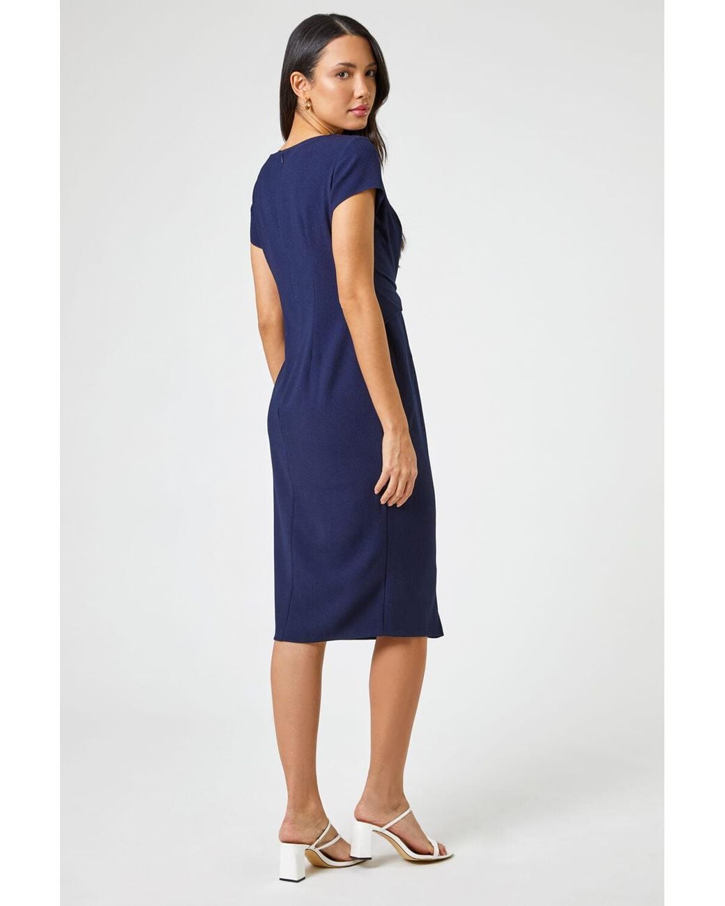 Roman Blue Embellished Stretch Twist Waist Ruched Dress