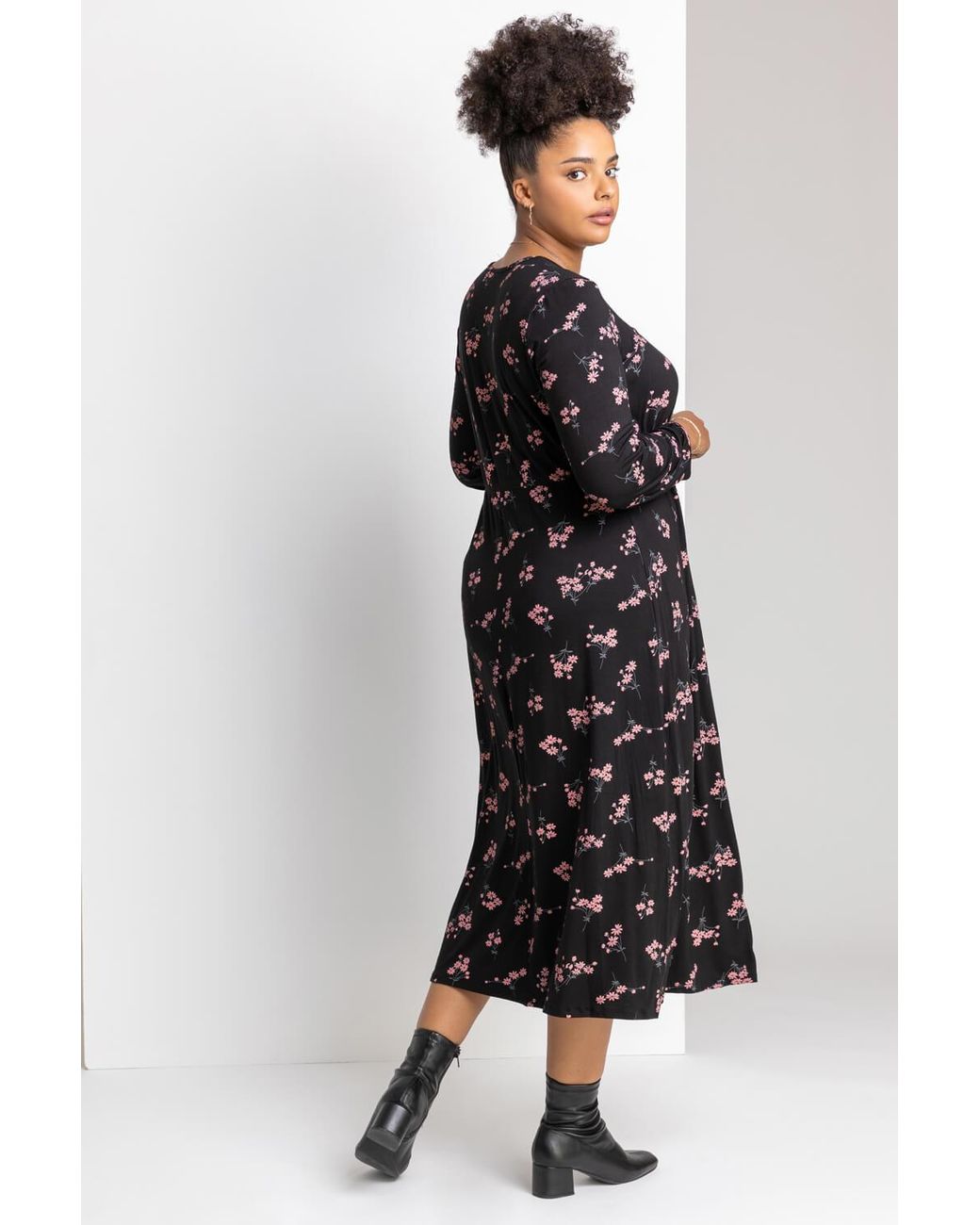 Roman Curve Pink Floral Print Square Neck Midi Dress