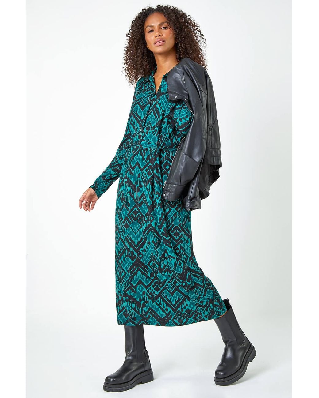 D.u.s.k Blue Abstract Print Midi Stretch Shirt Dress