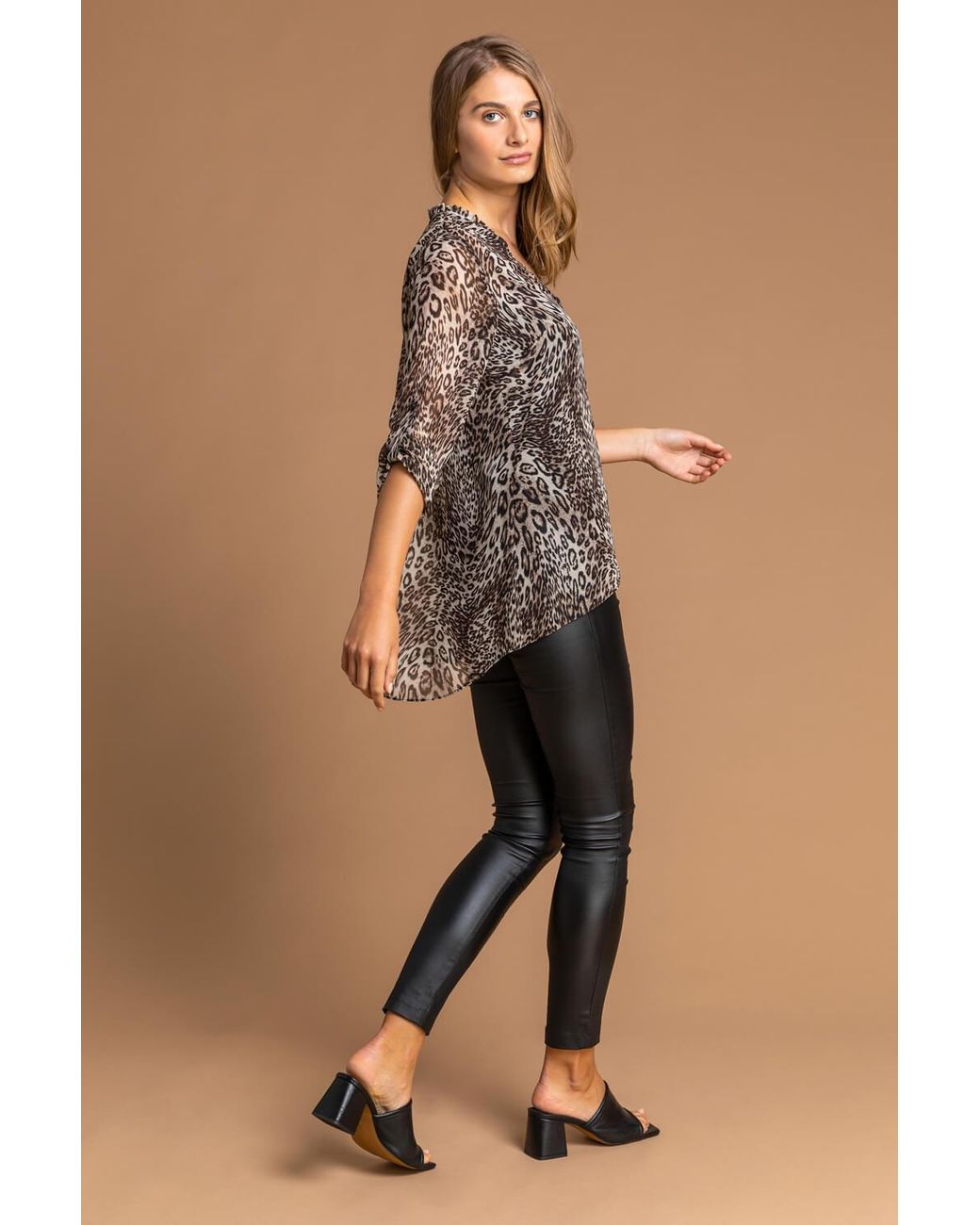 Roman Brown Animal Print Chiffon Blouse