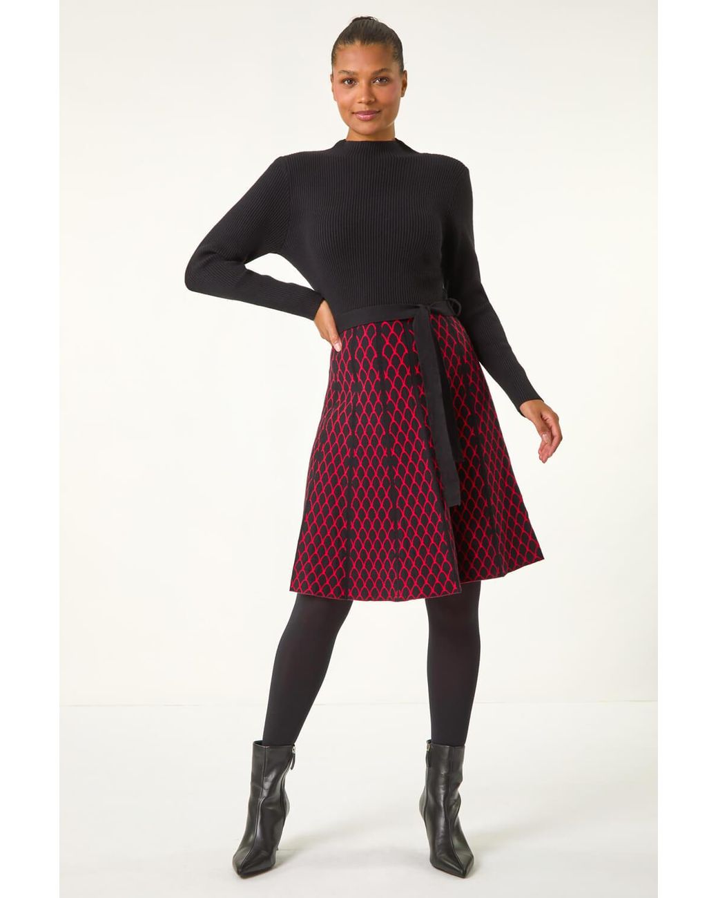 Roman Red Contrast Skirt Ribbed Jumper Dress