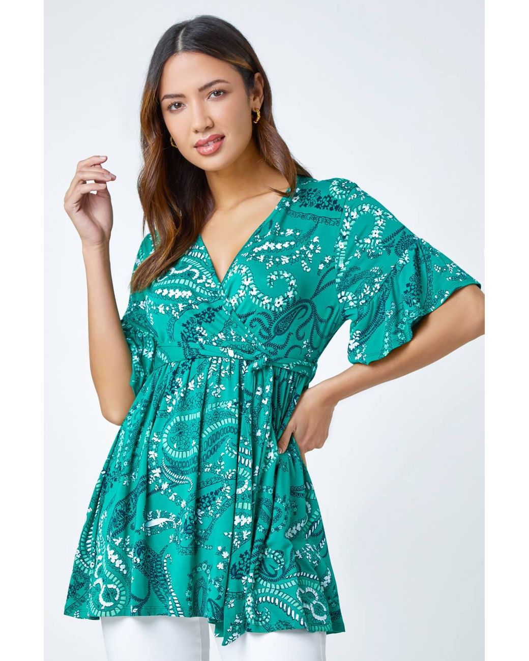 Roman Blue Paisley Print Stretch Jersey V-Neck Wrap Top