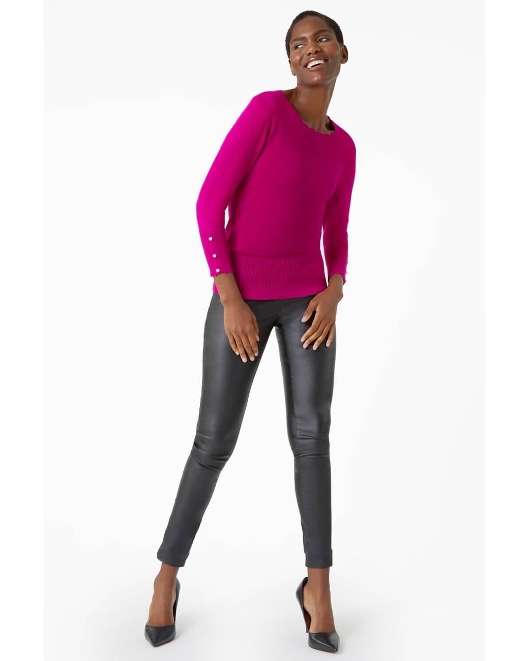 Roman Pink Diamante Button Scallop Edge Jumper