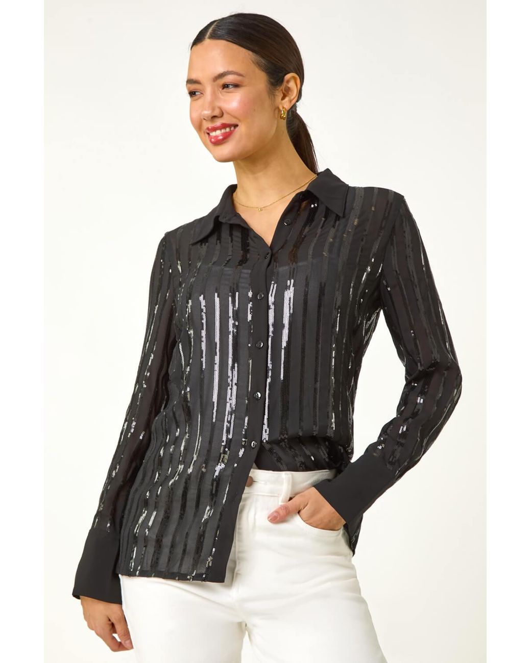 Roman Gray Sequin Stripe Button Shirt