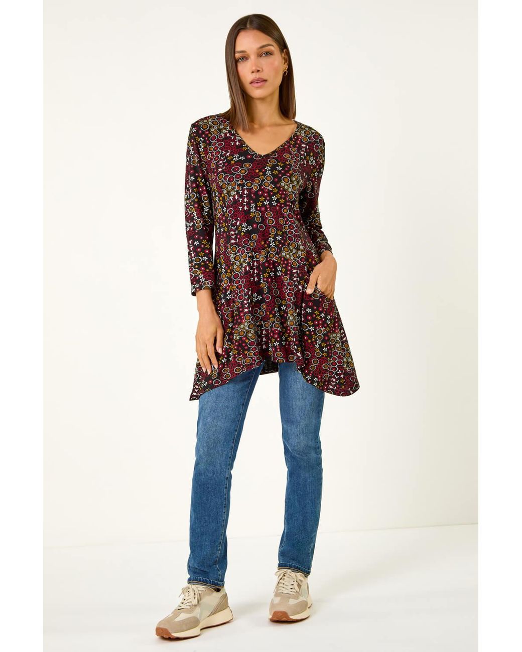 Roman Brown Disty Circle Print V-Neck Tunic